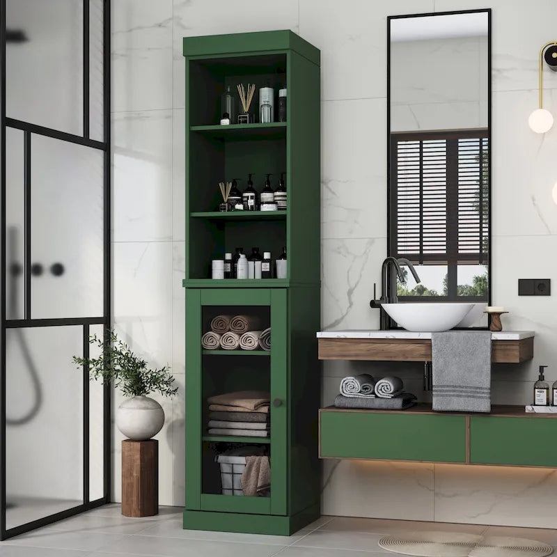 100% Solid Wood 16.5" Bathroom Storage Cabinet with Clear Glass Doors and Adjustable Shelves