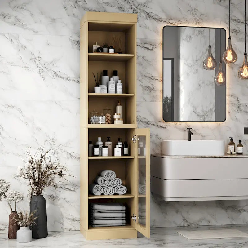 100% Solid Wood 16.5" Bathroom Storage Cabinet with Clear Glass Doors and Adjustable Shelves