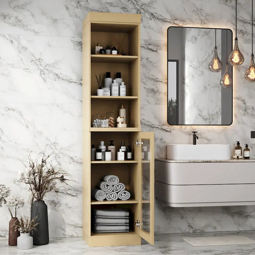 100% Solid Wood 16.5" Bathroom Storage Cabinet with Clear Glass Doors and Adjustable Shelves