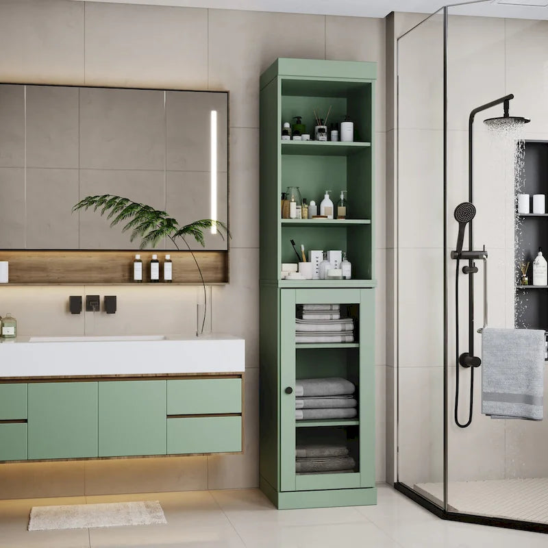 100% Solid Wood 16.5" Bathroom Storage Cabinet with Clear Glass Doors and Adjustable Shelves