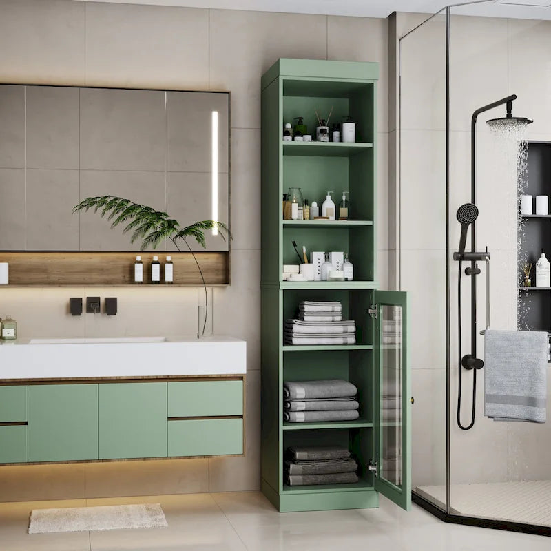 100% Solid Wood 16.5" Bathroom Storage Cabinet with Clear Glass Doors and Adjustable Shelves
