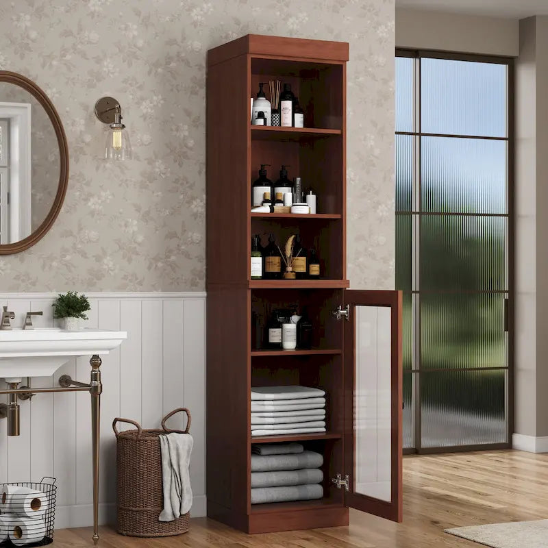 100% Solid Wood 16.5" Bathroom Storage Cabinet with Clear Glass Doors and Adjustable Shelves