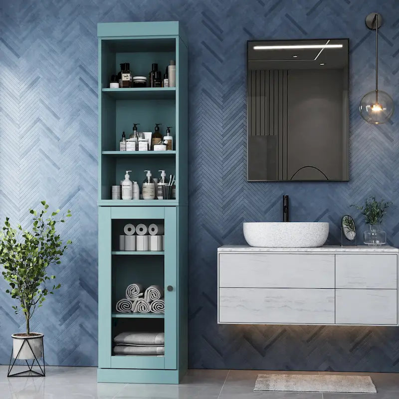 100% Solid Wood 16.5" Bathroom Storage Cabinet with Clear Glass Doors and Adjustable Shelves