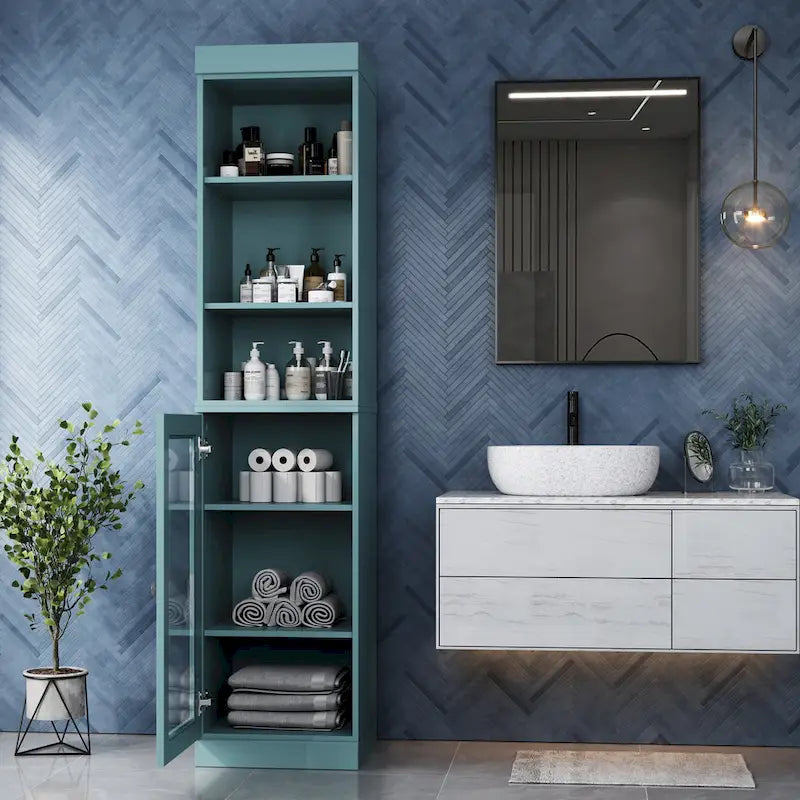 100% Solid Wood 16.5" Bathroom Storage Cabinet with Clear Glass Doors and Adjustable Shelves