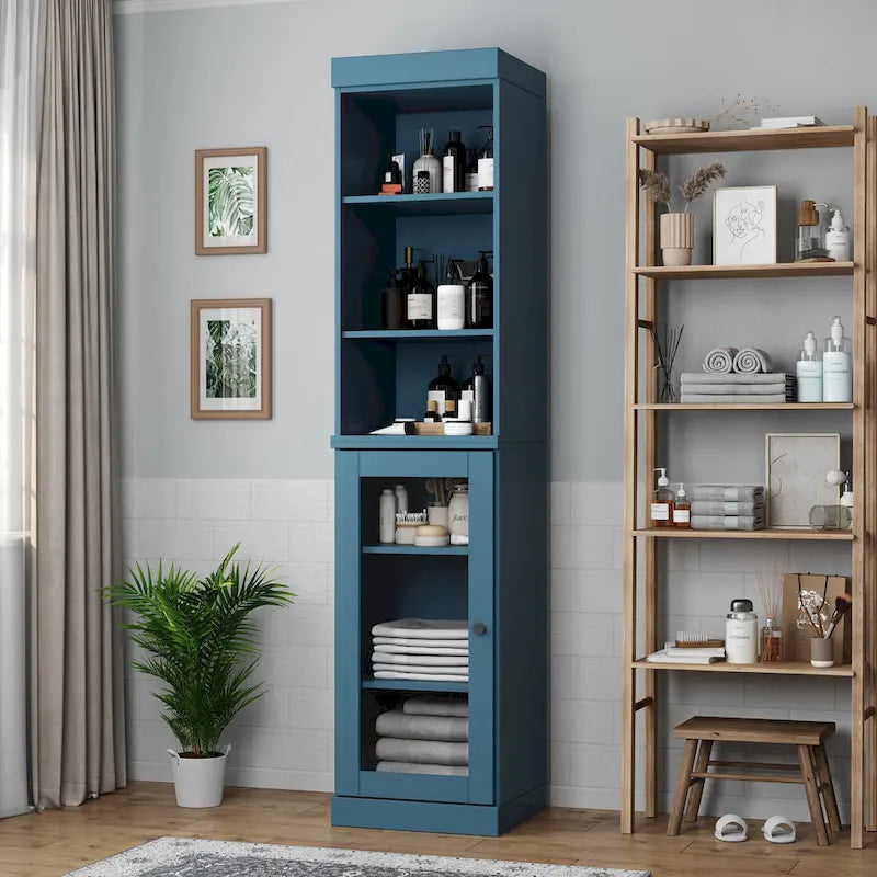 100% Solid Wood 16.5" Bathroom Storage Cabinet with Clear Glass Doors and Adjustable Shelves