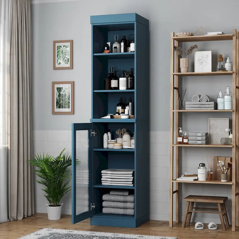 100% Solid Wood 16.5" Bathroom Storage Cabinet with Clear Glass Doors and Adjustable Shelves