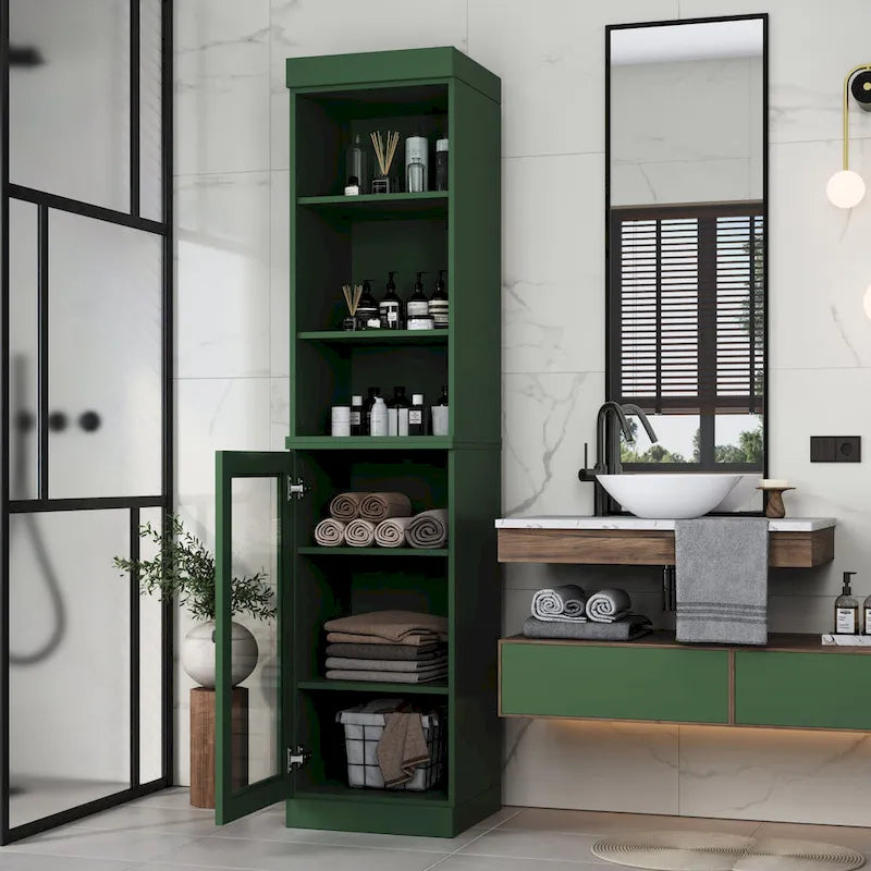 100% Solid Wood 16.5" Bathroom Storage Cabinet with Clear Glass Doors and Adjustable Shelves