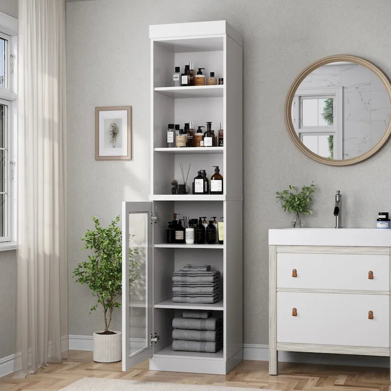 100% Solid Wood 16.5" Bathroom Storage Cabinet with Clear Glass Doors and Adjustable Shelves