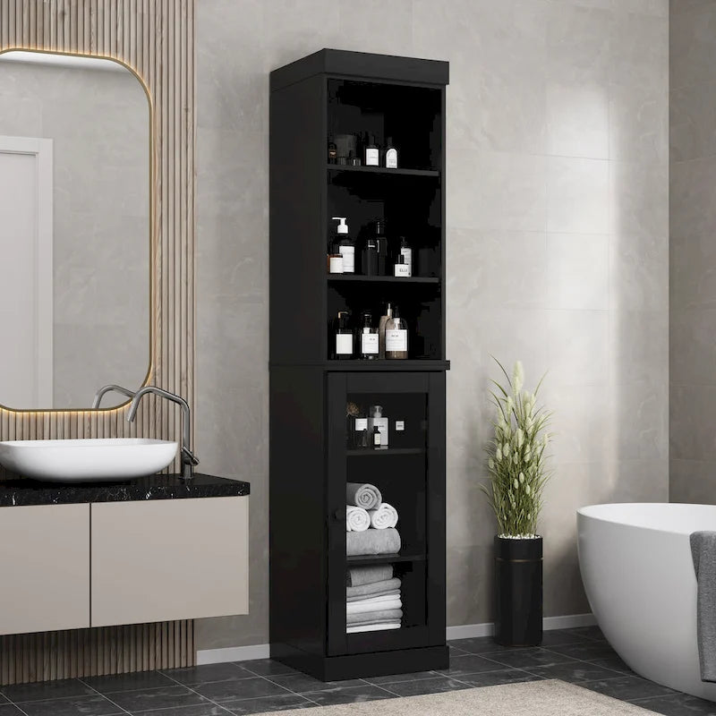 100% Solid Wood 16.5" Bathroom Storage Cabinet with Clear Glass Doors and Adjustable Shelves