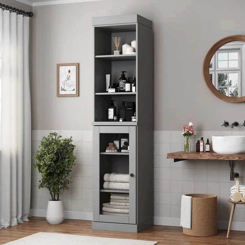 100% Solid Wood 16.5" Bathroom Storage Cabinet with Clear Glass Doors and Adjustable Shelves