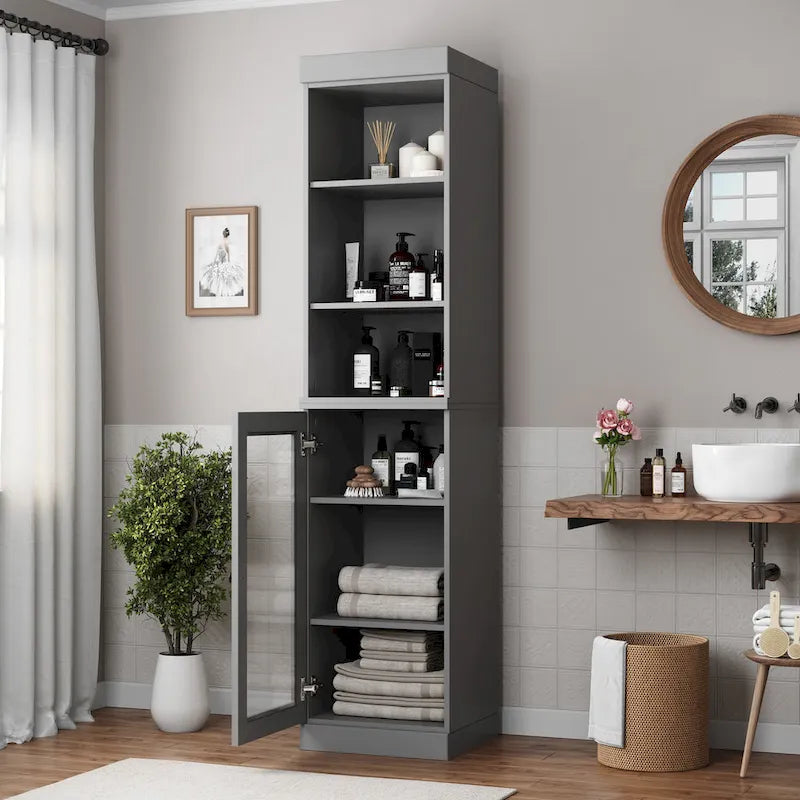100% Solid Wood 16.5" Bathroom Storage Cabinet with Clear Glass Doors and Adjustable Shelves