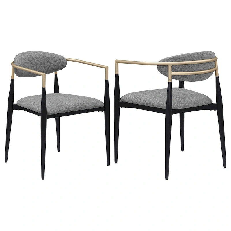 Dining Armchair Set of 2, Modern Gray Fabric, Sleek Black Metal