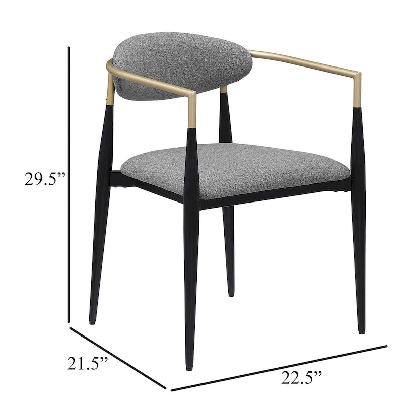 Dining Armchair Set of 2, Modern Gray Fabric, Sleek Black Metal
