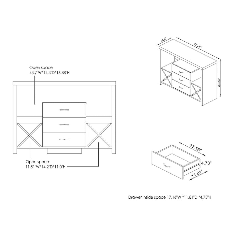 Industrial Concrete-like 3-Drawer Buffet
