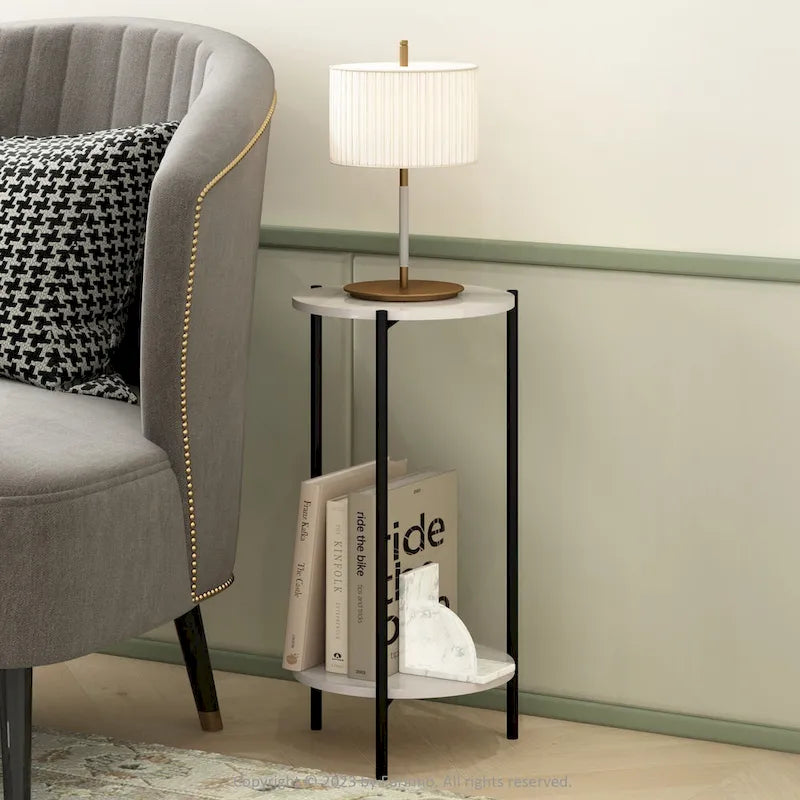 2-Tier Modern Tall Round Side End Table with Sturdy Metal Legs, Americano