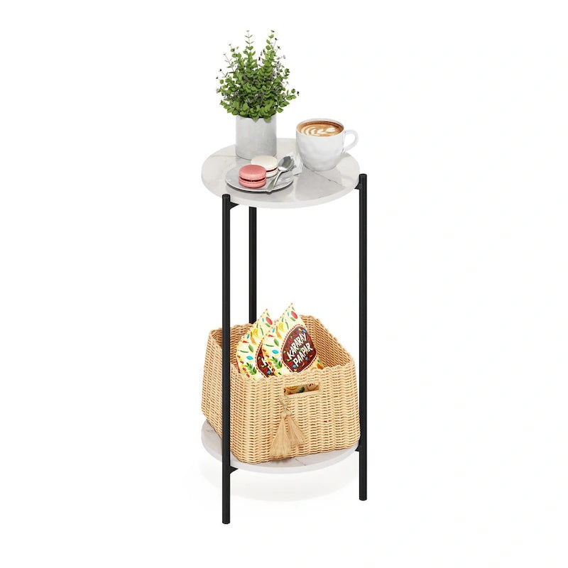 2-Tier Modern Tall Round Side End Table with Sturdy Metal Legs, Americano