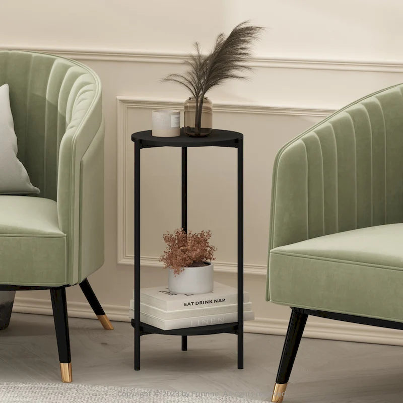 2-Tier Modern Tall Round Side End Table with Sturdy Metal Legs, Americano
