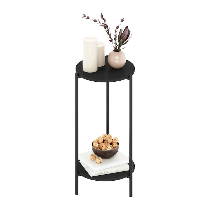 2-Tier Modern Tall Round Side End Table with Sturdy Metal Legs, Americano