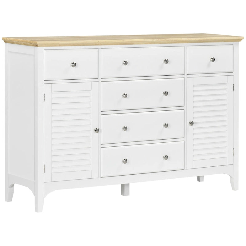 Modern Sideboard with Drawers, Buffet Cabinet with Storage Cabinets, Rubberwood Top and Adjustable Shelves, White