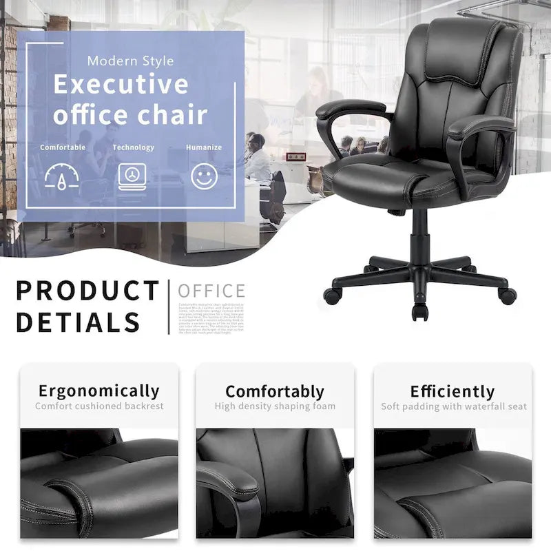 Brown Executive Chair High-Level PU Leather Thick Padded Ergonomic Chair Mid Back Office and Commercial Chair