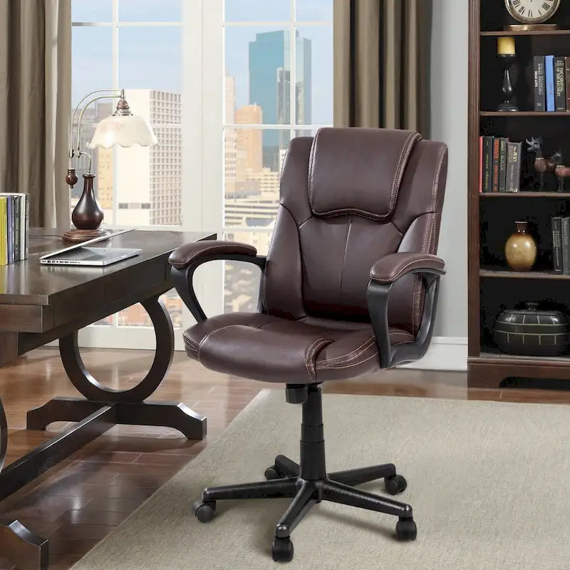 Brown Executive Chair High-Level PU Leather Thick Padded Ergonomic Chair Mid Back Office and Commercial Chair