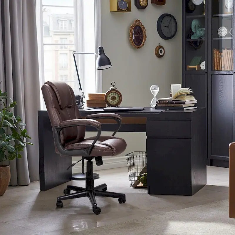 Brown Executive Chair High-Level PU Leather Thick Padded Ergonomic Chair Mid Back Office and Commercial Chair