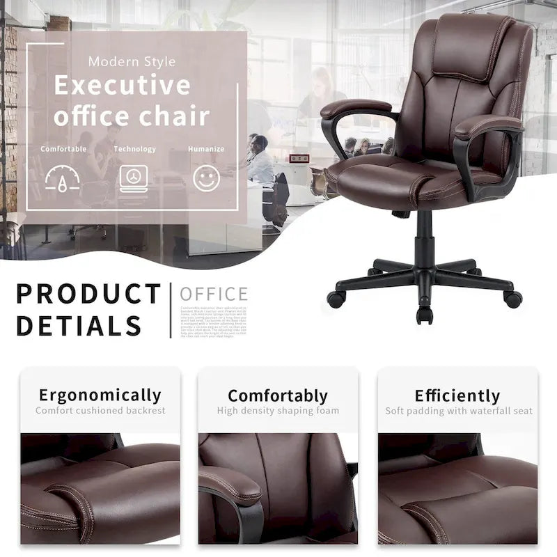 Brown Executive Chair High-Level PU Leather Thick Padded Ergonomic Chair Mid Back Office and Commercial Chair