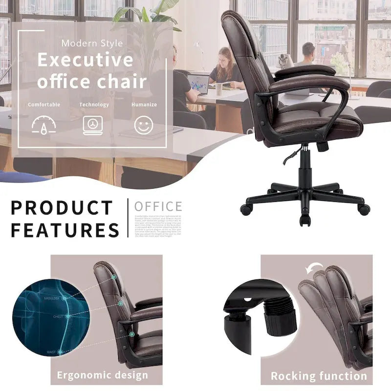 Brown Executive Chair High-Level PU Leather Thick Padded Ergonomic Chair Mid Back Office and Commercial Chair