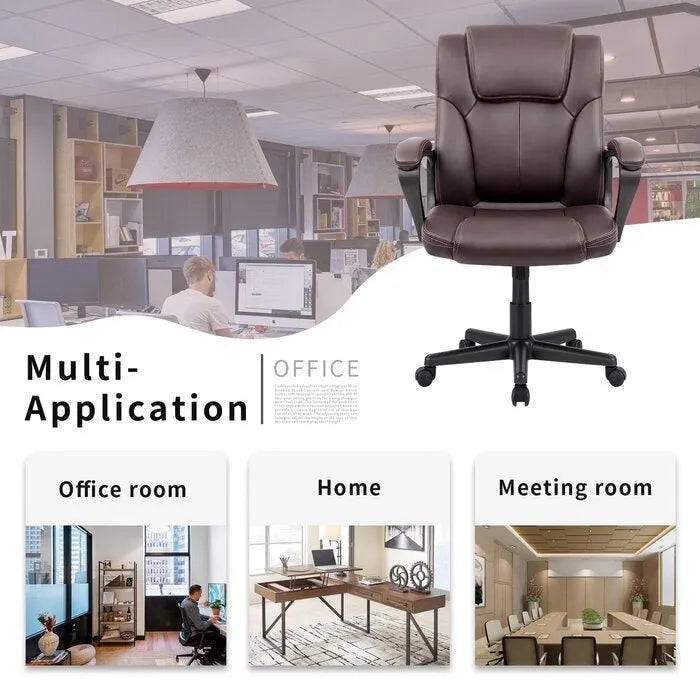 Brown Executive Chair High-Level PU Leather Thick Padded Ergonomic Chair Mid Back Office and Commercial Chair