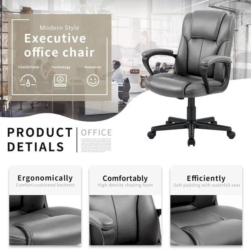 Brown Executive Chair High-Level PU Leather Thick Padded Ergonomic Chair Mid Back Office and Commercial Chair