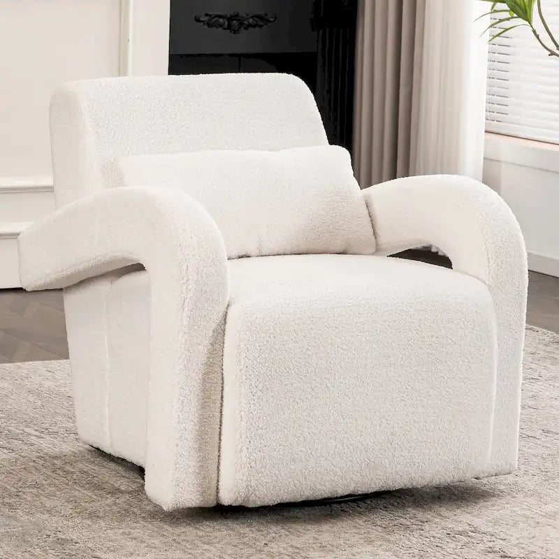 White Teddy Fabric Armchair with Curved Arms and Thick Cushioning
