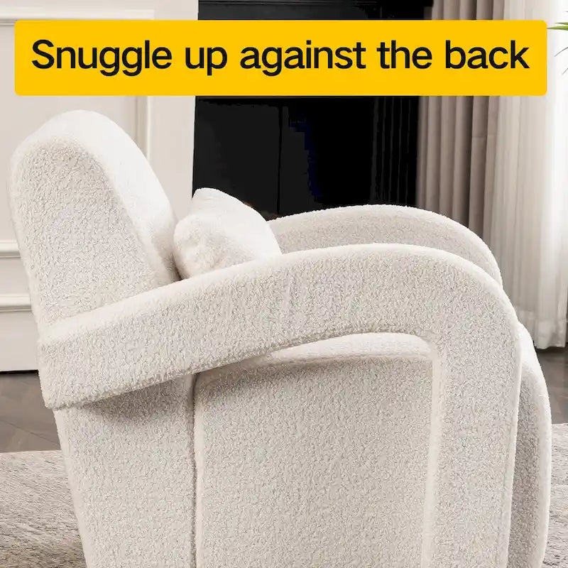 White Teddy Fabric Armchair with Curved Arms and Thick Cushioning
