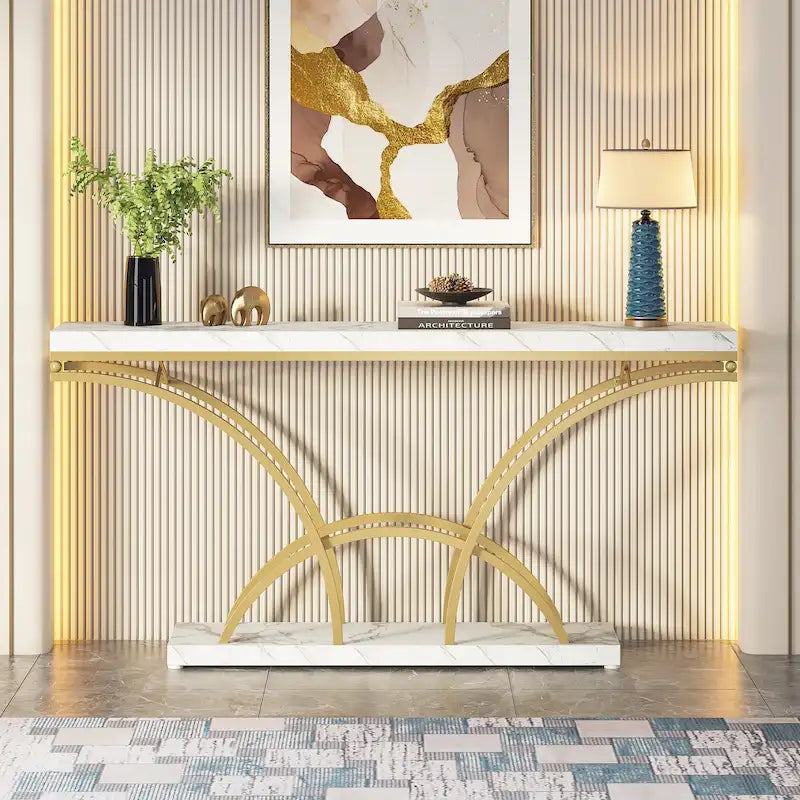 70.9" Faux Marble Console & Sofa Table with Half-Moon Metal Legs