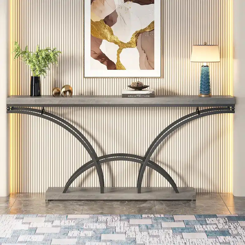 70.9" Faux Marble Console & Sofa Table with Half-Moon Metal Legs