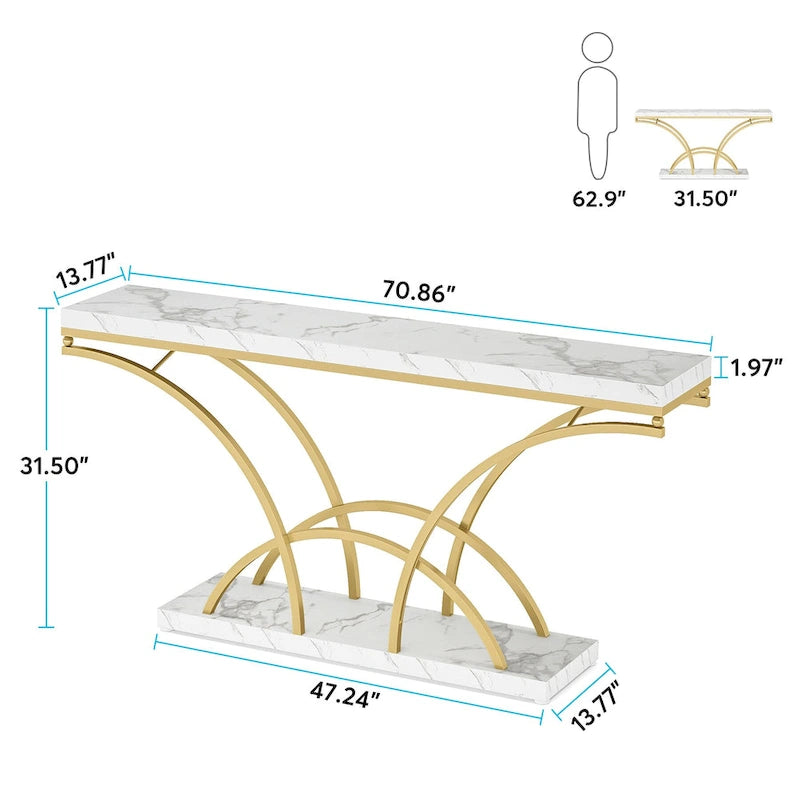 70.9" Faux Marble Console & Sofa Table with Half-Moon Metal Legs