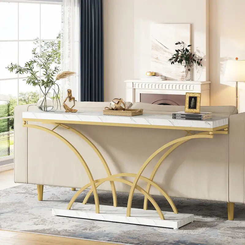 70.9" Faux Marble Console & Sofa Table with Half-Moon Metal Legs