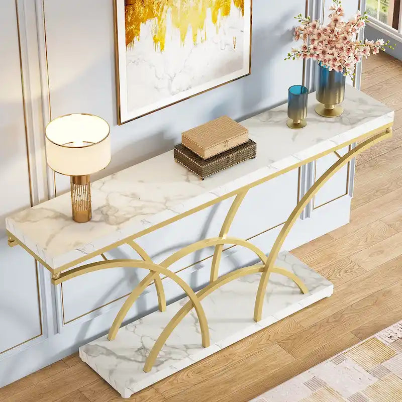 70.9" Faux Marble Console & Sofa Table with Half-Moon Metal Legs