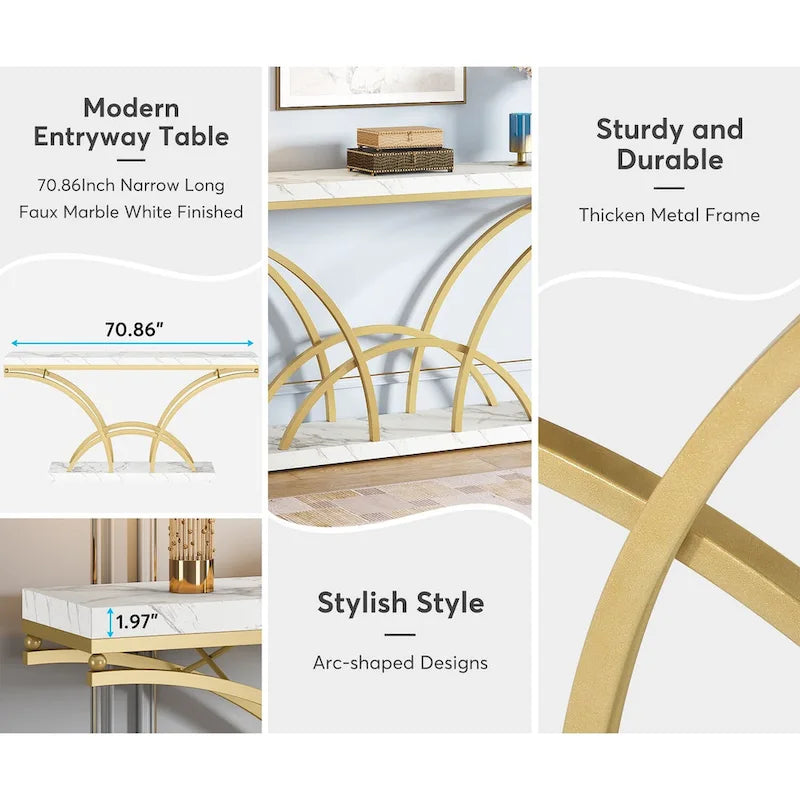 70.9" Faux Marble Console & Sofa Table with Half-Moon Metal Legs