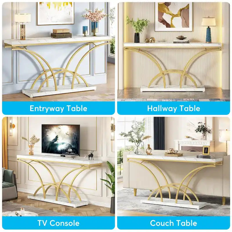 70.9" Faux Marble Console & Sofa Table with Half-Moon Metal Legs