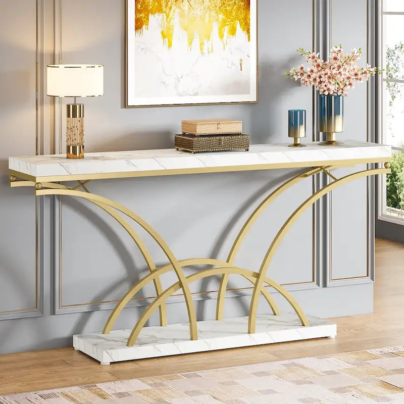 70.9" Faux Marble Console & Sofa Table with Half-Moon Metal Legs