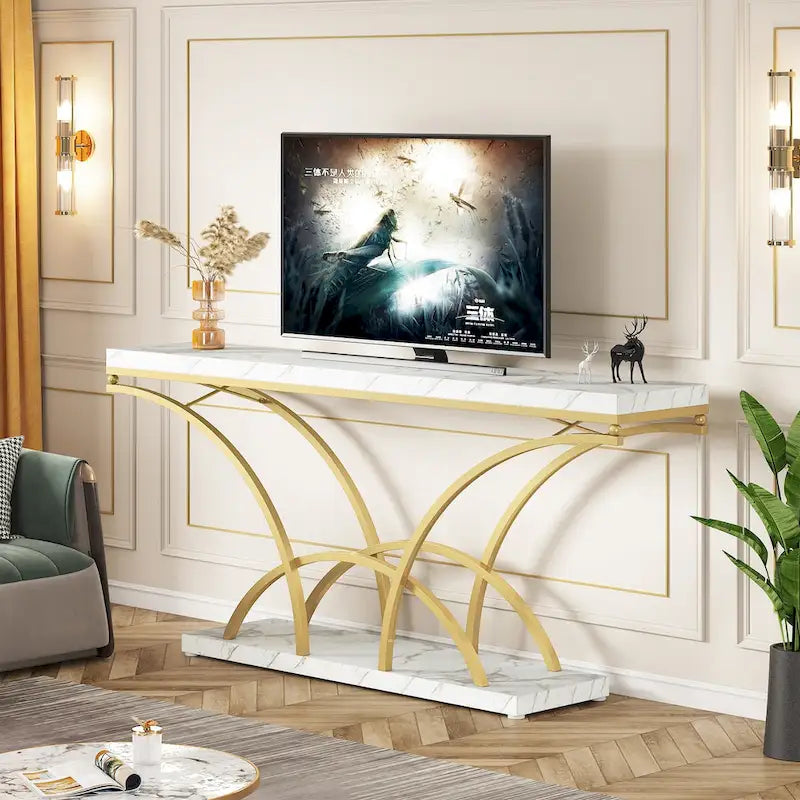 70.9" Faux Marble Console & Sofa Table with Half-Moon Metal Legs