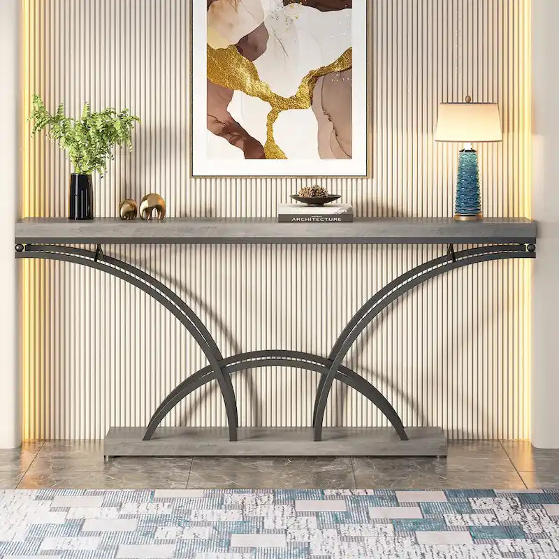 70.9" Faux Marble Console & Sofa Table with Half-Moon Metal Legs