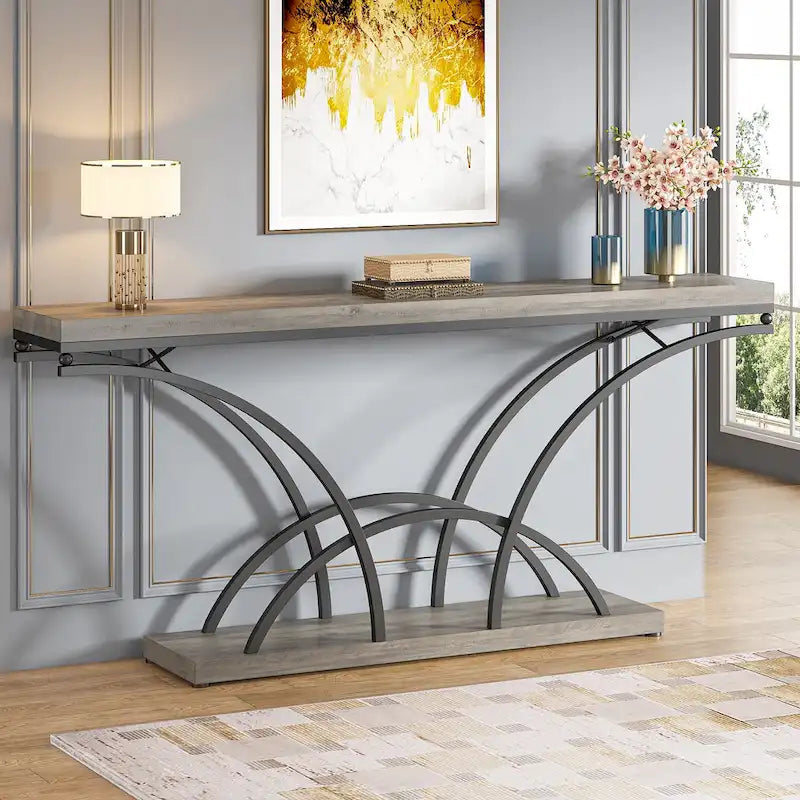 70.9" Faux Marble Console & Sofa Table with Half-Moon Metal Legs