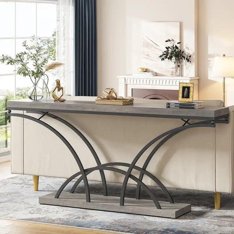70.9" Faux Marble Console & Sofa Table with Half-Moon Metal Legs