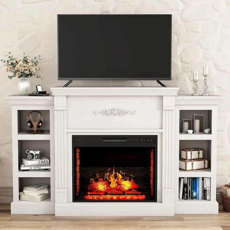 Klassischer 70"-TV-Ständer aus Holz mit 28"-Elektrokamin