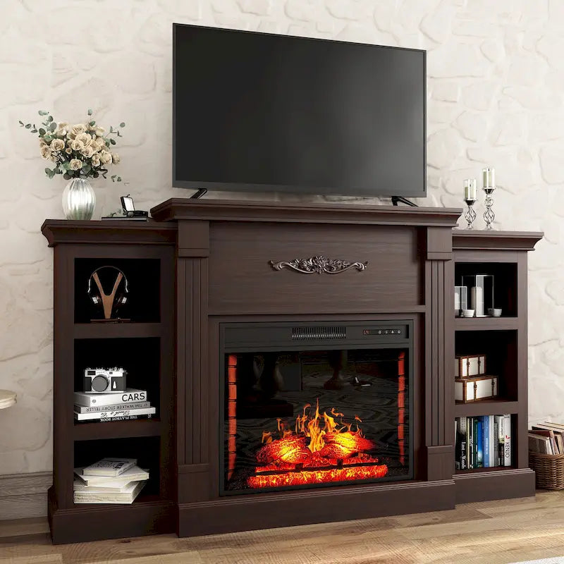 70" Wood Classical Fireplace TV Stand with 28" Electric Fireplace