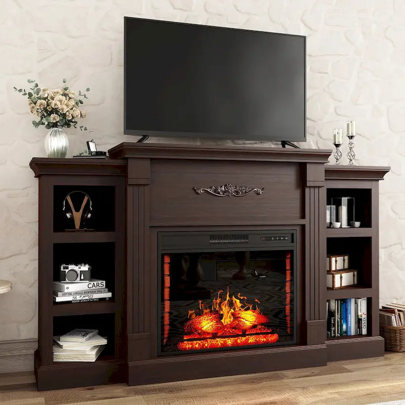 70" Wood Classical Fireplace TV Stand with 28" Electric Fireplace