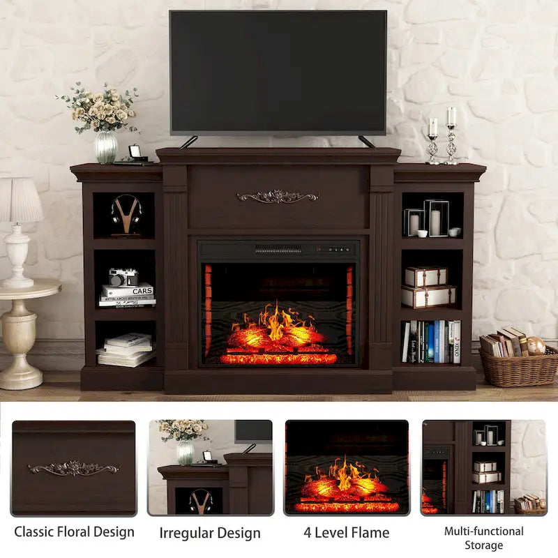 Klassischer 70"-TV-Ständer aus Holz mit 28"-Elektrokamin