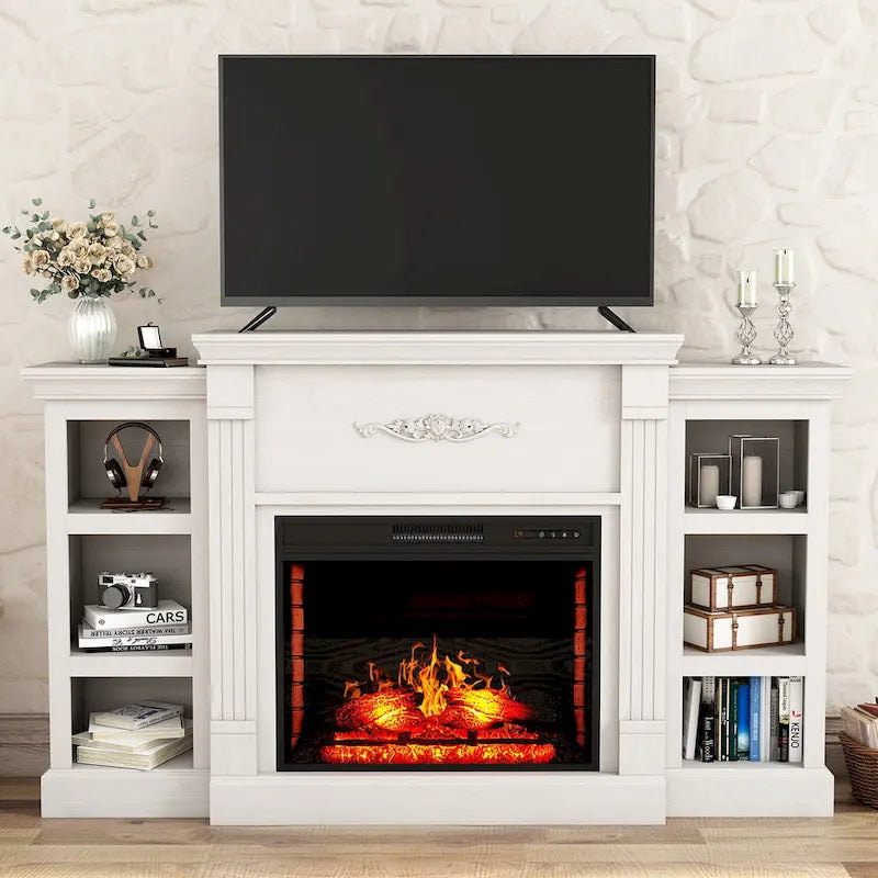 Klassischer 70"-TV-Ständer aus Holz mit 28"-Elektrokamin