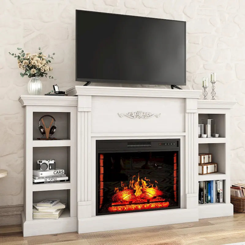 Klassischer 70"-TV-Ständer aus Holz mit 28"-Elektrokamin